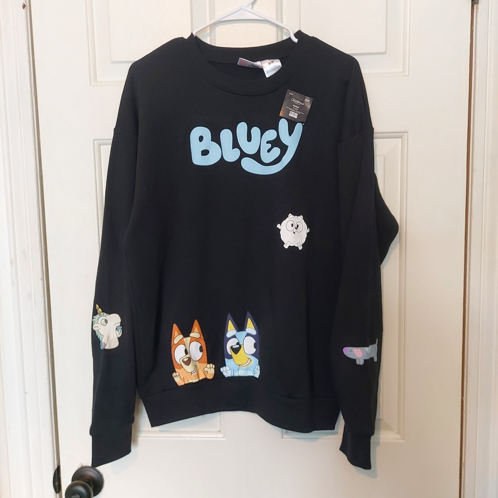Bluey Graphic Sweatshirt Black Crewneck Muffin Unicorse The Christmas Shoppe Med